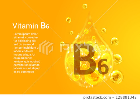 Vitamin B6. Baner with vector images of golden drops with oxygen bubbles. Health concept. 129891342