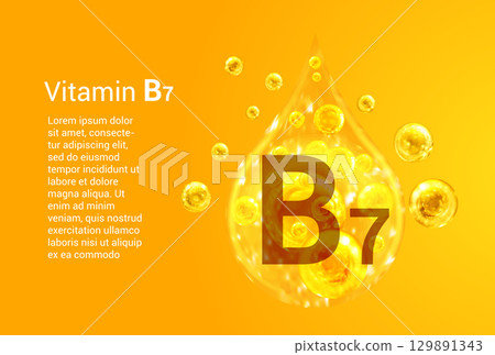 Vitamin B7. Baner with vector images of golden drops with oxygen bubbles. Health concept. Vitamin B7. Baner with vector images of golden drops with oxygen bubbles. Health concept. 129891343
