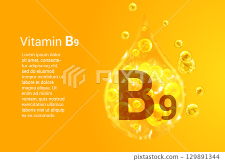 Vitamin B9. Baner with vector images of golden drops with oxygen bubbles. Health concept. Vitamin B9. Baner with vector images of golden drops with oxygen bubbles. Health concept. 129891344