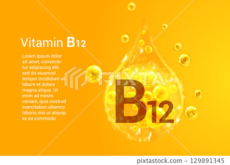 Vitamin B12. Baner with vector images of golden drops with oxygen bubbles. Health concept. Vitamin B12. Baner with vector images of golden drops with oxygen bubbles. Health concept. 129891345