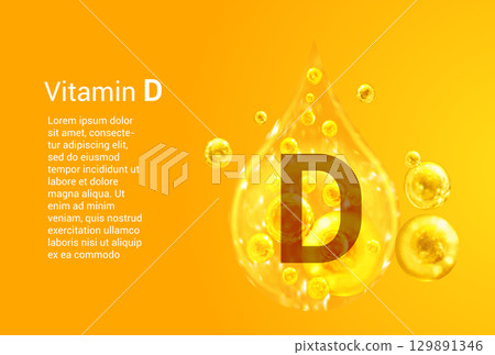 Vitamin D. Baner with vector images of golden drops with oxygen bubbles. Health concept. Vitamin D. Baner with vector images of golden drops with oxygen bubbles. Health concept. 129891346