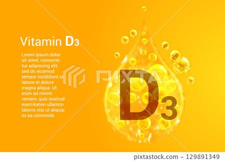 Vitamin D3. Baner with vector images of golden drops with oxygen bubbles. Health concept. Vitamin D3. Baner with vector images of golden drops with oxygen bubbles. Health concept. 129891349