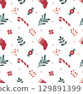 Seamless holiday pattern with stockings, candy canes, berries, and green branches on a white background. 129891399