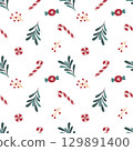Minimal seamless Christmas pattern with candy canes, berries, and foliage on a clean white background. 129891400