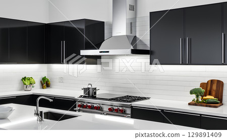 modern kitchen with stainless steel on top 129891409