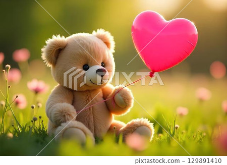 toy bear and heart on grass 129891410