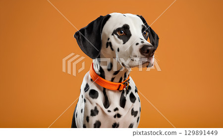 dalmatian puppy on yellow background dalmatian puppy on yellow background 129891449
