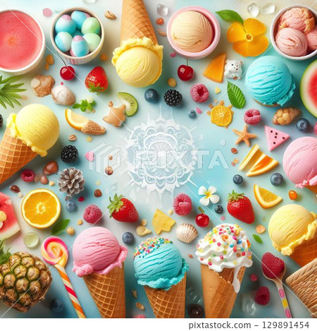 colorful ice cream cones, cones, top view 129891454