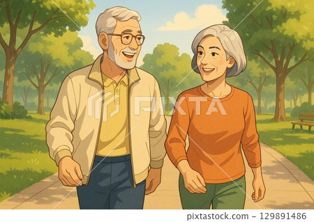 Smiling morning walk in the park 129891486