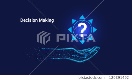 Decision making concept. Question mark inside a circle and arrows pointing in different directions. 129891492