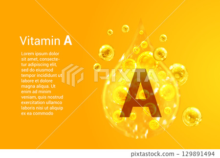 Vitamin A. Baner with vector images of golden drops with oxygen bubbles. Health concept. 129891494