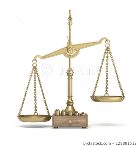 Vintage golden scale Front imbalance view with weights 3D Vintage golden scale Front imbalance view with weights 3D 129891512