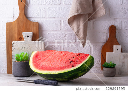 Fresh juicy sliced watermelon close up 129891595