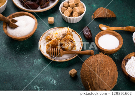 Various sugar replacement, healthy sweetener concept Various sugar replacement, healthy sweetener concept 129891602