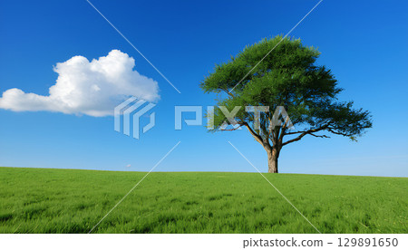lonely tree on green field 129891650