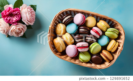 colorful macarons in the basket 129891652