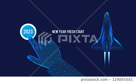 Start fresh New Year. Polygonal hand. Clicking. Flying Shuttle. Background of dark blue night sky. 129891681