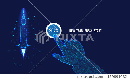 Start fresh New Year. Polygonal hand. Clicking. Flying Rocket. Background of dark blue night sky. 129891682