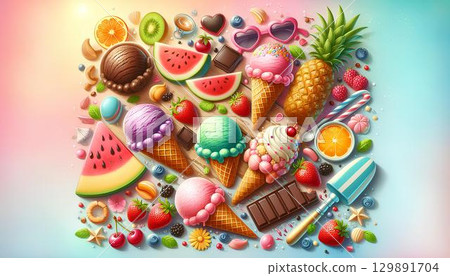 colorful ice cream in a waffle cones 129891704