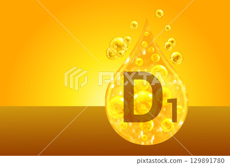 Vitamin D1. Golden drops with oxygen bubbles. Health concept Vitamin D1. Golden drops with oxygen bubbles. Health concept 129891780