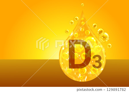 Vitamin D3. Golden drops with oxygen bubbles. Health concept Vitamin D3. Golden drops with oxygen bubbles. Health concept 129891782
