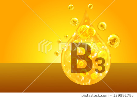 Vitamin B3. Golden drops with oxygen bubbles. Health concept Vitamin B3. Golden drops with oxygen bubbles. Health concept 129891793