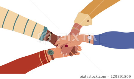 Hands stacked in a circle showing diversity teamwork inclusion support among colleagues and coworkers 129891809