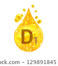 Vitamin D1. Images golden drop and balls with oxygen bubbles. Health concept. Isolated  129891845
