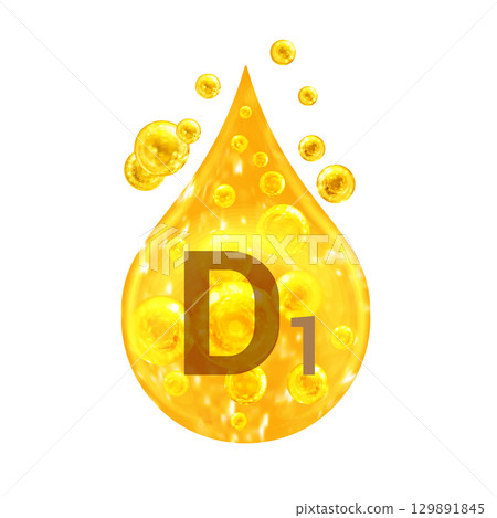 Vitamin D1. Images golden drop and balls with oxygen bubbles. Health concept. Isolated  129891845