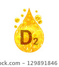 Vitamin D2. Images golden drop and balls with oxygen bubbles. Health concept. Isolated  129891846