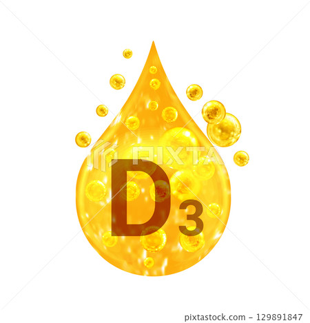 Vitamin D3. Images golden drop and balls with oxygen bubbles. Health concept. Isolated Vitamin D3. Images golden drop and balls with oxygen bubbles. Health concept. Isolated 129891847