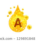 Vitamin A. Images golden drop and balls with oxygen bubbles. Health concept. Isolated  129891848