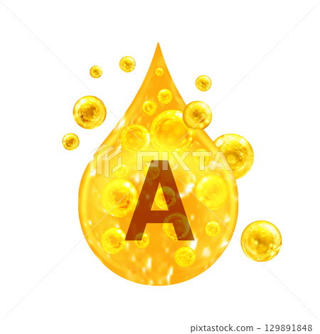 Vitamin A. Images golden drop and balls with oxygen bubbles. Health concept. Isolated Vitamin A. Images golden drop and balls with oxygen bubbles. Health concept. Isolated 129891848