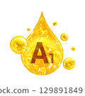 Vitamin A1. Images golden drop and balls with oxygen bubbles. Health concept. Isolated  129891849