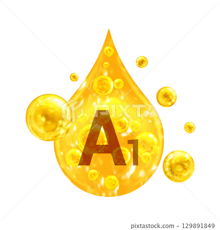 Vitamin A1. Images golden drop and balls with oxygen bubbles. Health concept. Isolated Vitamin A1. Images golden drop and balls with oxygen bubbles. Health concept. Isolated 129891849