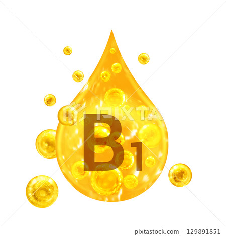 Vitamin B1. Images golden drop and balls with oxygen bubbles. Health concept. Isolated  129891851