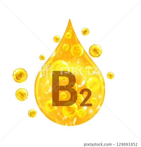 Vitamin B2. Images golden drop and balls with oxygen bubbles. Health concept. Isolated Vitamin B2. Images golden drop and balls with oxygen bubbles. Health concept. Isolated 129891852