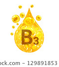 Vitamin B3. Images golden drop and balls with oxygen bubbles. Health concept. Isolated  129891853