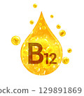 Vitamin B12. Images golden drop and balls with oxygen bubbles. Health concept. Isolated  129891869