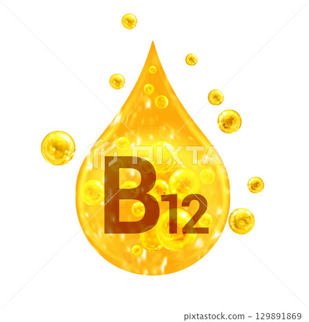 Vitamin B12. Images golden drop and balls with oxygen bubbles. Health concept. Isolated Vitamin B12. Images golden drop and balls with oxygen bubbles. Health concept. Isolated 129891869