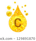 Vitamin C. Images golden drop and balls with oxygen bubbles. Health concept. Isolated  129891870