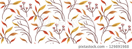 Vector flat seamless pattern with autumn foliage and branch in warm colors. Perfect for textiles, wallpapers, packaging, stationery, and digital backgrounds. Modern decorative style. Vector flat seamless pattern with autumn foliage and branch in warm colors. Perfect for textiles, wallpapers, packaging, stationery, and digital backgrounds. Modern decorative style. 129891988