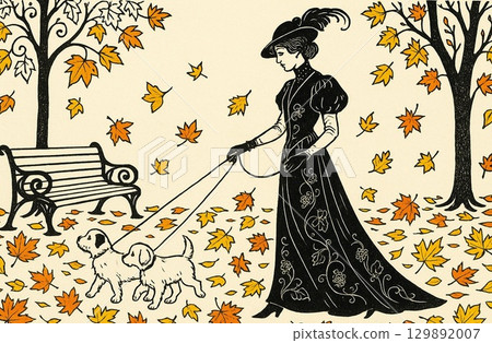 Classical art of a woman and her dog walking in an autumn park 129892007