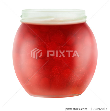 Strawberry jam in open glass jar isolated on white Strawberry jam in open glass jar isolated on white 129892014