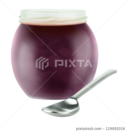 Blueberry jam in open glass jar with spoon isolated on white bakground 129892016