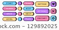 8bit color retro pixel art buttons, interface menu icons or old video game symbols 129892025