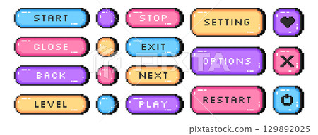 8bit color retro pixel art buttons, interface menu icons or old video game symbols 8bit color retro pixel art buttons, interface menu icons or old video game symbols 129892025