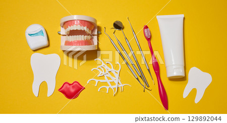 Dental floss in a case, model of dentures, dental instruments, red decorative lips, red toothbrush, white tube of toothpaste on a bright yellow background. 129892044