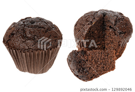Chocolate muffin in paper form, isolated background 129892046