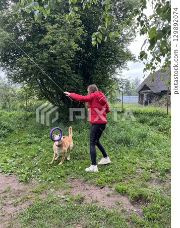Joyful moments in the park with a playful dog and owner enjoying their time outdoors during a cloudy day in spring Joyful moments in the park with a playful dog and owner enjoying their time outdoors during a cloudy day in spring 129892074